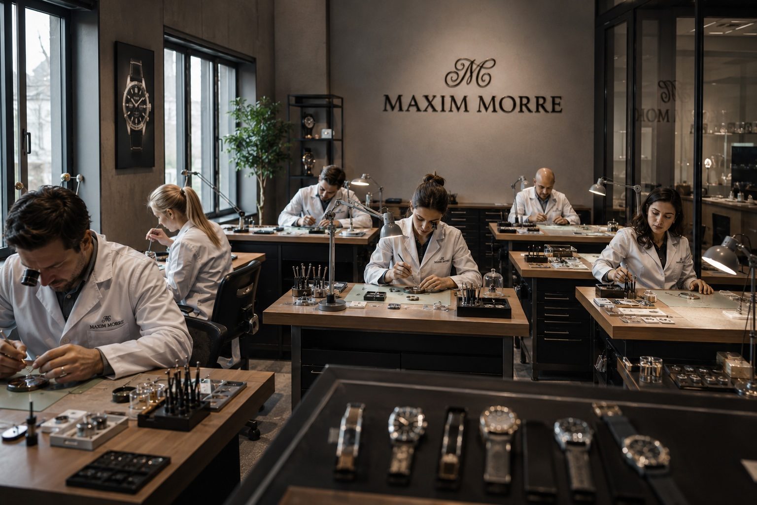 Maxim Morre atelier with watchmakers at work